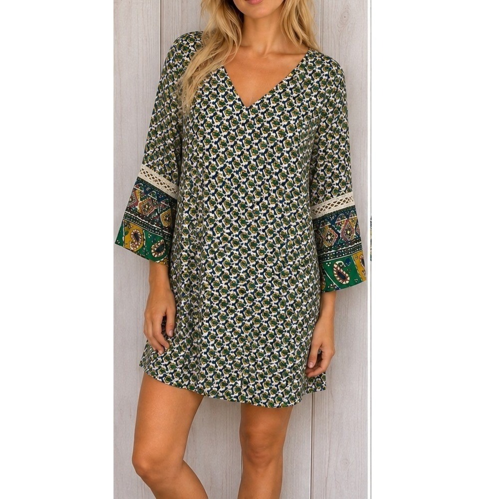 Umgee USA Boho Mixed Geometric Paisley Print Bell Sleeve Mini Dress Green Small